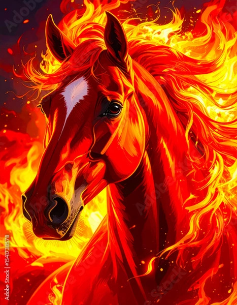 Fototapeta Portrait of red fire horse with flaming mane on fire background - symbol of 2026 year according to oriental calendar. AI, Illustration, Generation, Generated image.