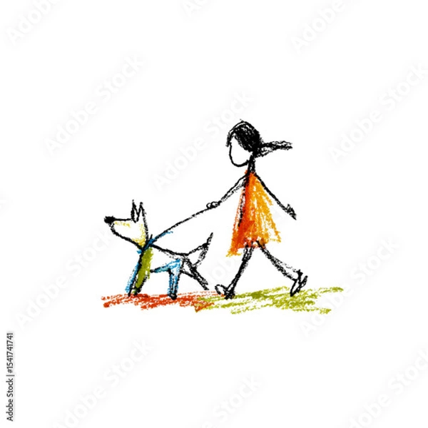 Fototapeta Girl walking a dog in colorful sketch illustration  