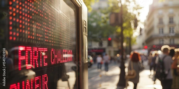 Fototapeta Street electronic display board showing message in French "Forte Chaleur" on a street of Paris during heat wave