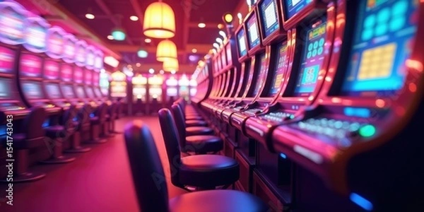 Obraz Row of illuminated slot machines in a casino with blurred background and empty chairs