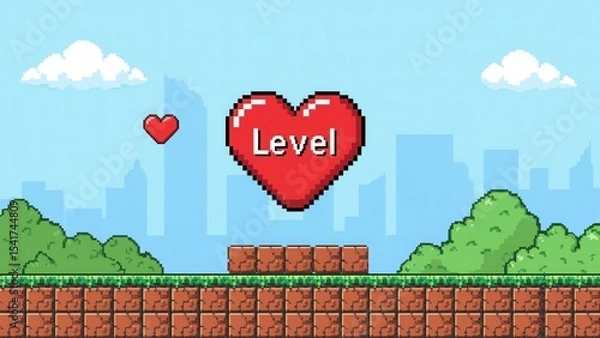 Obraz Pixel art game level background with heart and cityscape