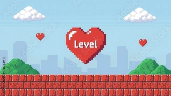 Obraz Pixel art heart level game background with cityscape and brick wall