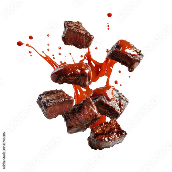 Fototapeta Grilled Beef Cubes with Barbecue Sauce Splash  isolated on transparent or white background	
 