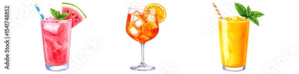 Fototapeta Refreshing summer cocktails with watermelon, orange, and mango on transparent background