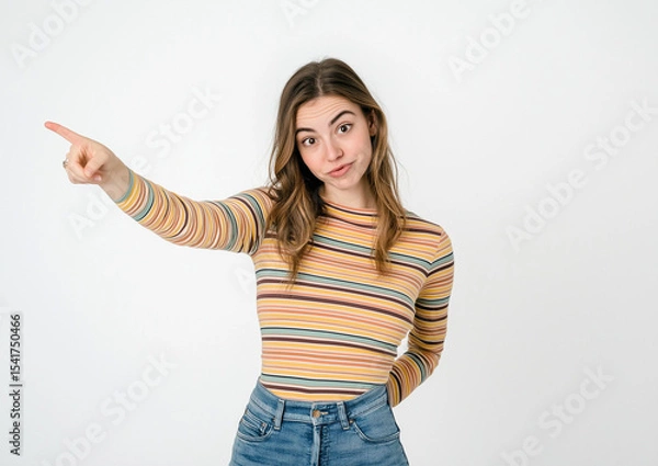 Fototapeta Excited Woman in Striped Top and Jeans Pointing Up – Studio Portrait with Copy Space for Advertising, Marketing, or Promotional Content