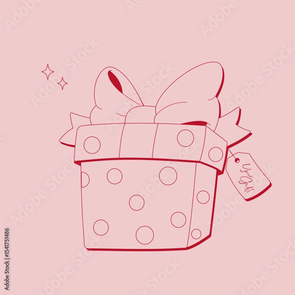 Fototapeta Minimal pink gift box with big bow and polka dots on pastel background. Flat line art style. Perfect for greeting cards, packaging, shopping, birthday or Valentine's Day.