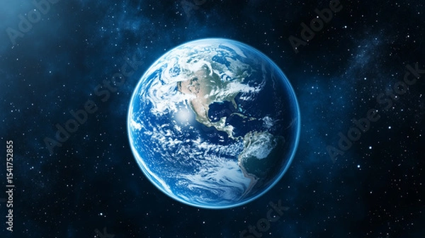 Fototapeta Planet Earth with detailed relief and atmosphere. Blue space background with earth and galaxy.