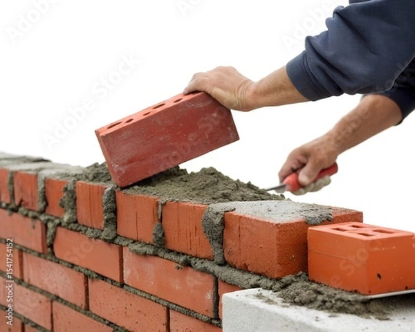 Obraz A person laying bricks with mortar to build a wall. The hand is holding a red brick, and the wall is partially constructed.