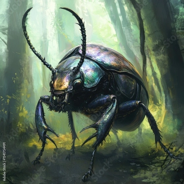 Fototapeta Giant iridescent beetle in a misty forest