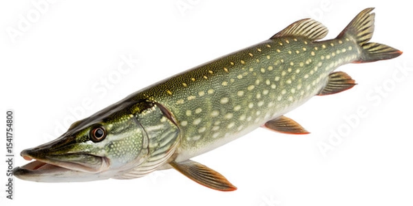 Obraz A northern pike fish with a long, slender body and sharp teeth. The fish has a greenish body with light spots and a transparent background.