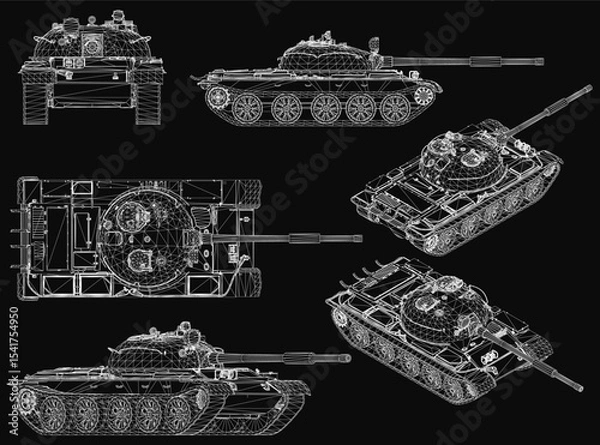Obraz Battle tanks in 3D models stand on a black background, each with unique designs and detailed features. Visible elements include turrets, tracks, and armored plating, showcasing military power.