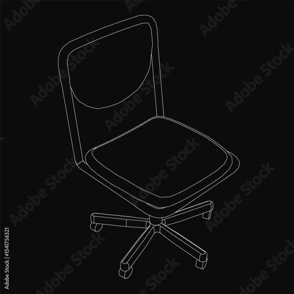 Fototapeta Black and white line drawing of a sleek modern office chair with a curved backrest and armrests, four tapered legs, and neutral fabric upholstery. The minimalist design stands out against a black.