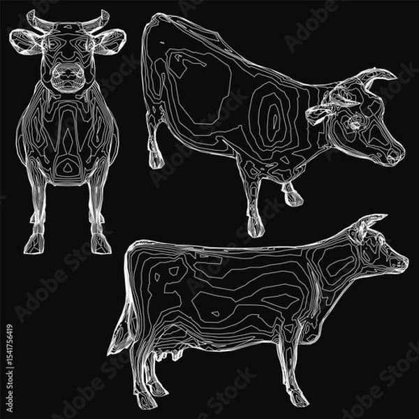 Fototapeta Three black and white cows sketched in intricate detail, each with unique shapes and textures. The stark black background contrasts sharply with the white outlines, emphasizing their distinct forms.