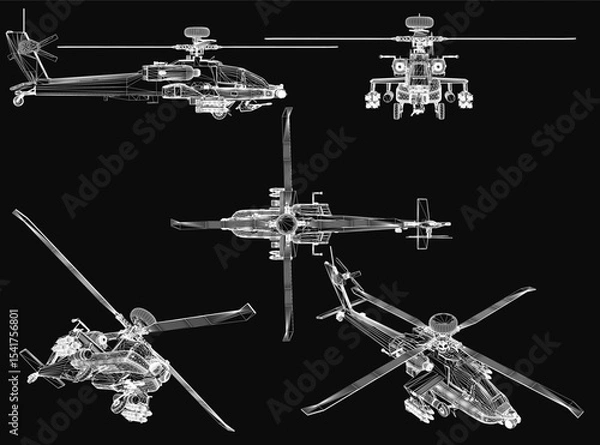 Obraz A 3D model blueprint of a combat helicopter on a black background, showcasing detailed technical specifications and design features. The illustration highlights rotor mechanics, weapon systems.