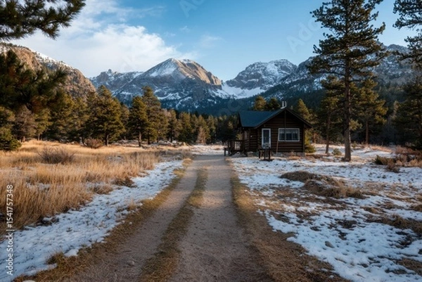 Fototapeta A serene winter retreat rustic cabin surrounded by majestic rocky mountains nature photography tranquil environment wide angle view