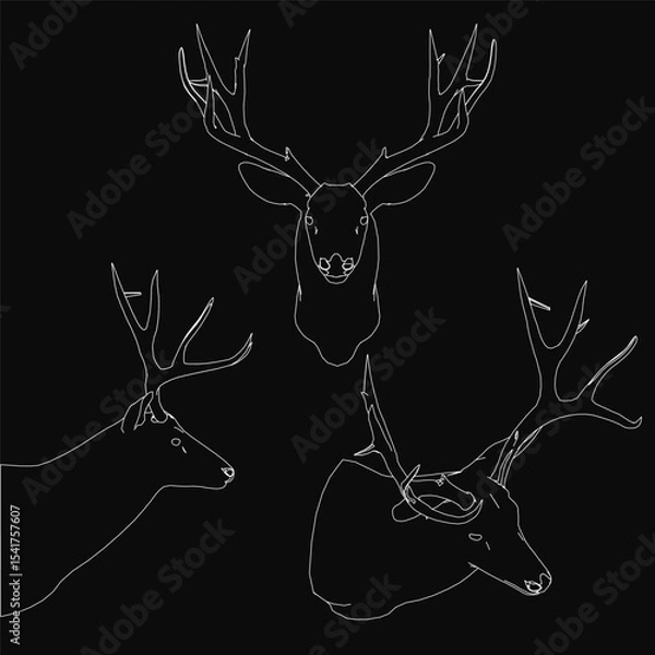 Fototapeta Three deer heads with antlers stand out against a black background, outlined in white for a striking contrast. The minimalist design highlights their elegant silhouettes and natural symmetry.