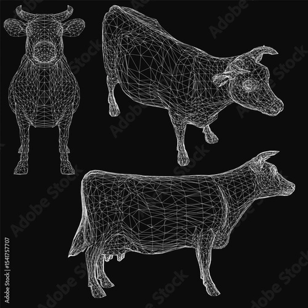 Obraz Three low poly cows stand in a triangular formation on a black background, with the largest cow centered and two smaller ones on either side. Detailed features include horns, expressive eyes