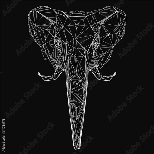 Fototapeta Low poly elephant head composed of white geometric lines and shapes, forming a striking abstract pattern. The design features clean edges and a minimalist aesthetic, set against a sleek black.