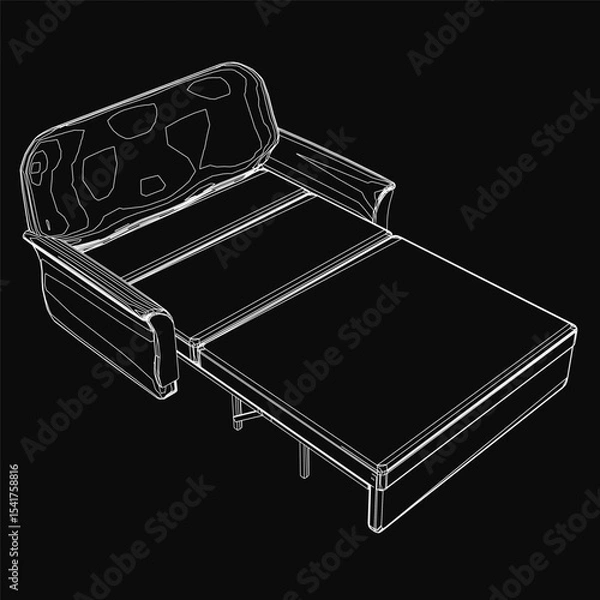 Fototapeta A 3D model of a folding sofa bed with a plush mattress, designed for compact living spaces. The black background highlights its sleek, modern frame and versatile functionality.