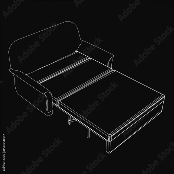 Obraz Sleek 3D model of a folding sofa bed with a pull-out bed underneath, outlined in black for a modern aesthetic. The minimalist design features clean lines and a functional dual-purpose structure.