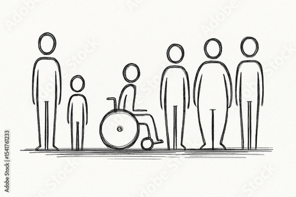 Obraz Sketch of diverse individuals including a child, a person in a wheelchair, and various body types representing inclusion