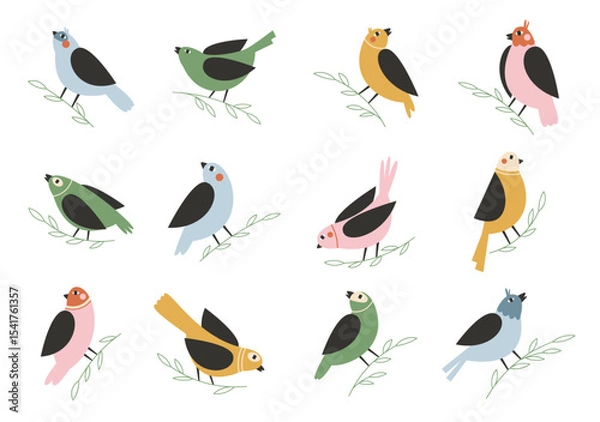 Fototapeta Colorful birds sitting on branches. Hand drawn spring birds large set of illustrations or stickers.