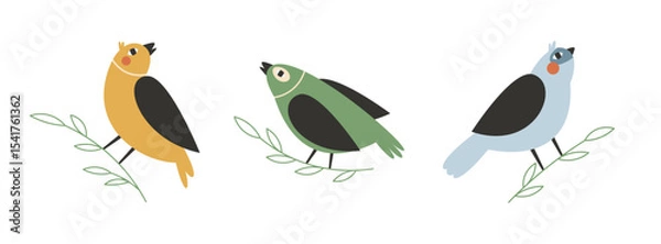 Fototapeta Hand drawn beautiful birds set. Colorful bird sitting on a tree branch.