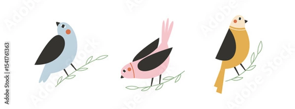 Fototapeta Colorful birds sitting on branches. Hand drawn spring birds set of illustrations or stickers.