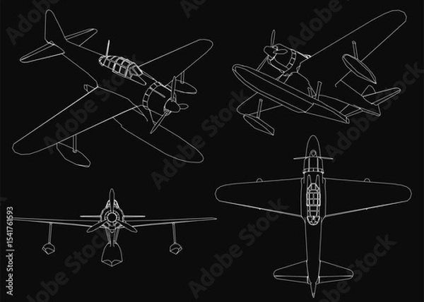 Fototapeta Four vector-style airplanes with unique designs stand out against a black background. Each plane features detailed wings, propellers, and engines, highlighted by crisp white outlines.