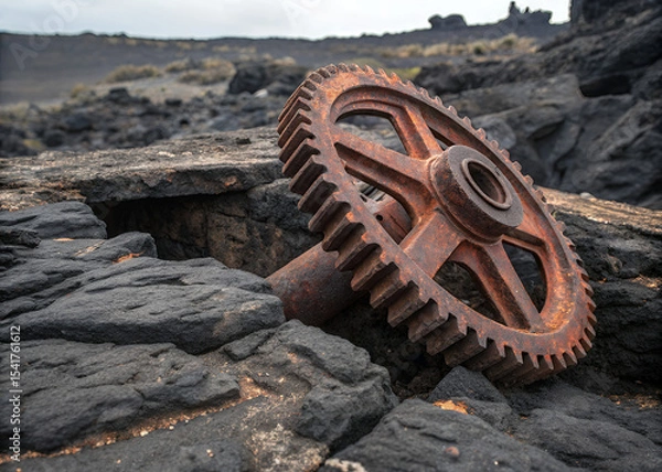 Obraz Forgotten Relic: An antique, rusty gear, a poignant symbol of the bygone era, rests amidst a craggy, desolate landscape, weathered by time, evoking a sense of history and industrial heritage.
