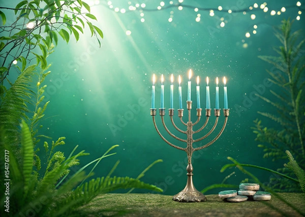 Obraz Radiant Hanukkah Menorah: A serene and spiritual scene showcasing a beautiful menorah ablaze with vibrant candles, illuminating the joyous celebration of Hanukkah. Surrounded by lush greenery.