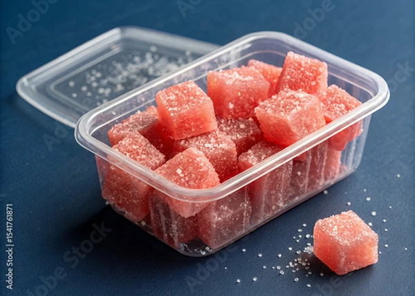 Obraz Sweet Watermelon Cubes: Refreshing watermelon cubes, delicately sugared, are presented in a clear plastic container, capturing the vibrant color and sweetness of summer.