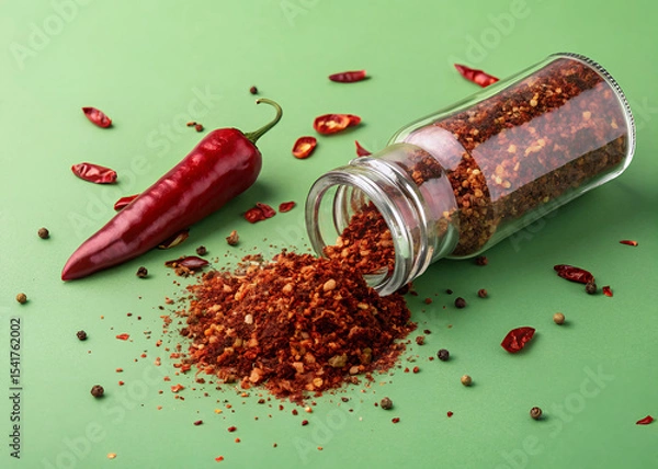 Obraz Crushed Chili Peppers: A vibrant red chili pepper rests beside a glass jar overflowing with crushed chili flakes, scattered on a green background. The image is perfect for food blogs, spice shops.