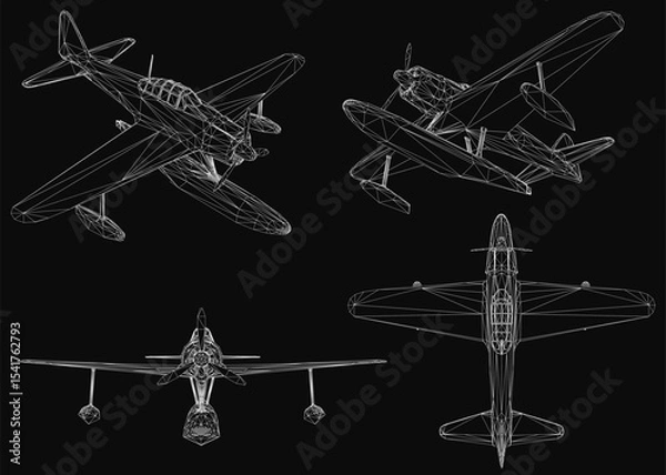 Fototapeta Four distinct airplane models displayed as 3D renders on a black background, highlighting unique designs, wings, propellers, and engines. The clean white outlines contrast sharply against the dark.