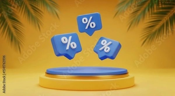 Obraz 3D rendering of three percentage signs above a blue podium on a yellow background with palm shadows, symbolizing discounts