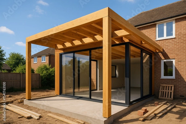 Fototapeta Modern Timber-Frame House Extension with Eco-Friendly Design