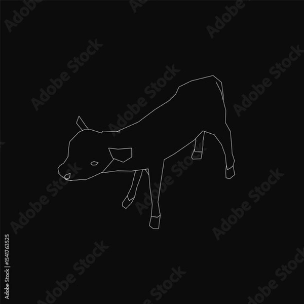 Fototapeta A black and white line art cow stands on a black background, its head tilted slightly with perked ears. The cow has wide, alert eyes and a slightly open mouth, giving it a curious expression.