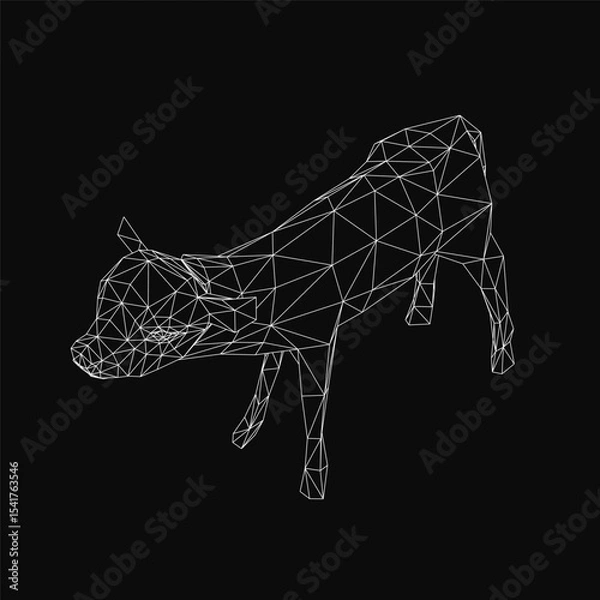 Fototapeta Low poly cow with geometric shapes and clean lines stands out against a black background, creating a striking contrast. The abstract design features angular forms and a minimalist aesthetic.