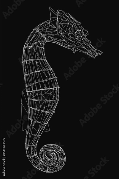 Fototapeta A wireframe seahorse stands out against a black background, showcasing intricate geometric details. The stark contrast highlights the delicate structure and flowing curves.