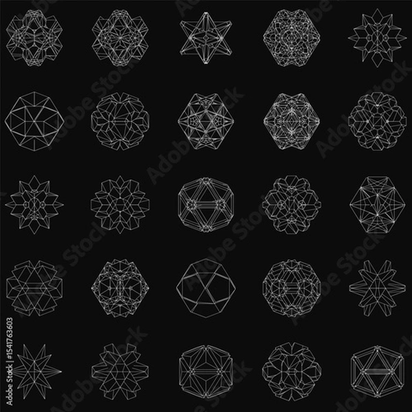 Fototapeta Geometric shapes arranged in a symmetrical pattern on a black background create a striking contrast. Each shape features a unique design, enhancing visual interest.