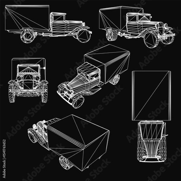 Fototapeta A set of four old trucks in line art style, each with unique designs, placed on a solid black background. The bright colors of the vintage trucks contrast sharply against the dark backdrop.