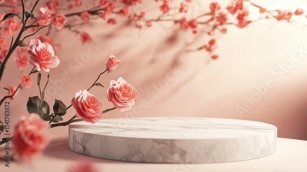 Fototapeta A round white marble podium sits elegantly in the foreground against a soft peach-pink background. Surrounding the podium are delicate pink roses with some blooms in focus and other blurred.