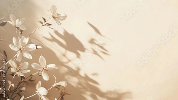 Fototapeta Delicate, beige-toned flowers set against a softly lit beige background. The lighting casts elegant, diffused shadows of the flowers onto the wall.