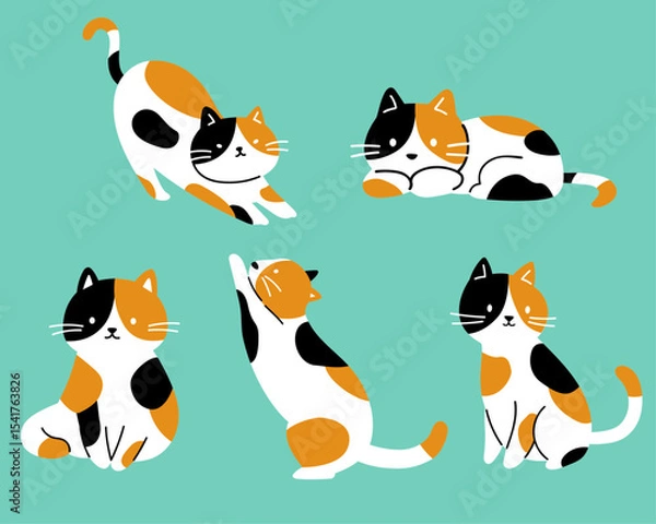Fototapeta 三毛猫の色んなポーズシンプルかわいいイラストセット