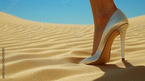 Fototapeta A single high-heeled shoe, glittering in silver, gracefully sinking into the soft golden sand of a sunlit desert.