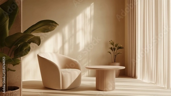 Fototapeta A warm, beige-toned minimalist interior featuring a cozy, modern armchair and a round wooden coffee table, big plant and a light from the window.