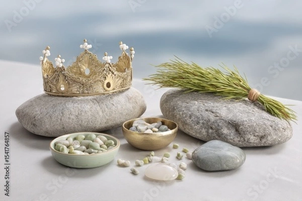 Obraz Midsummer Field Altar Adorned With Crown and Natural Symbols Showcasing Traditions of Nature and Celebration