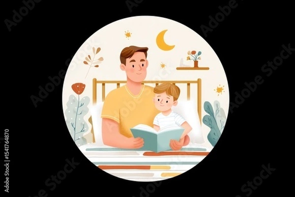 Obraz Father Reading a Bedtime Story to His Son in a Cozy Bedroom With a Warm Atmosphere at Night