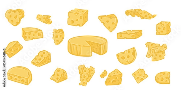Fototapeta Vector collection of cheese slice illustrations. Hand-drawn doodle style with wedges, blocks, and melted pieces. Perfect for food design, menus, packaging. EPS