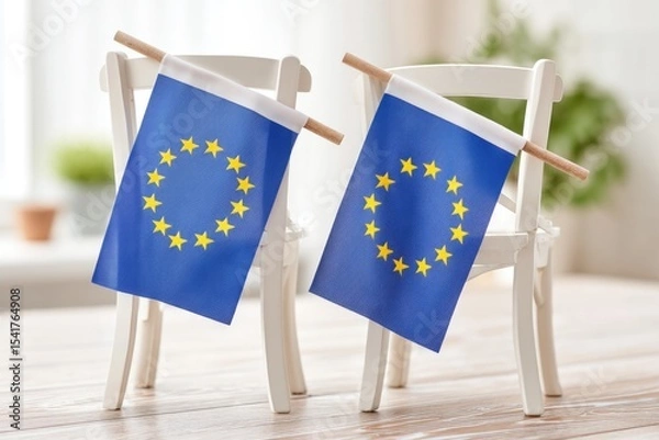 Obraz Draped European Flags on Small Chairs in a Bright Indoor Setting During a Festive Gathering